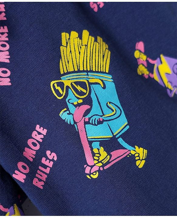Pine Kids Single Jersey Knit Half Sleeves Shorts Night Suit With Snacks Print - Navy Blue