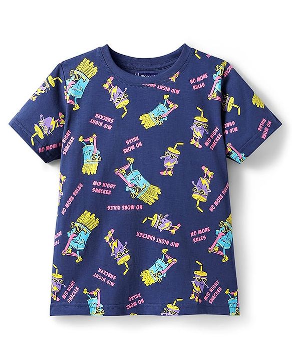 Pine Kids Single Jersey Knit Half Sleeves Shorts Night Suit With Snacks Print - Navy Blue