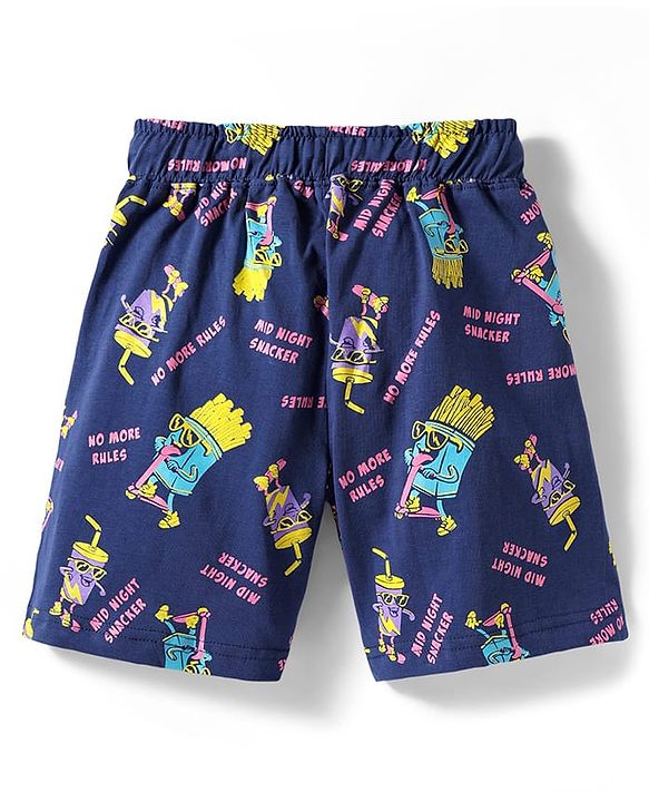 Pine Kids Single Jersey Knit Half Sleeves Shorts Night Suit With Snacks Print - Navy Blue
