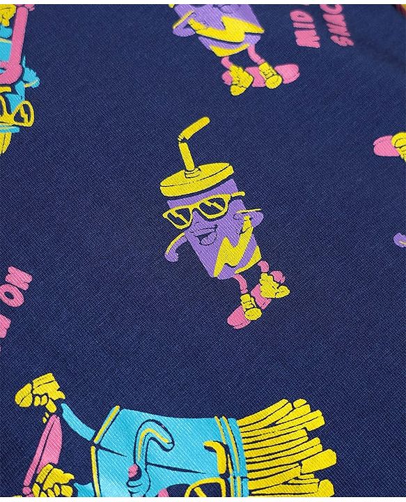 Pine Kids Single Jersey Knit Half Sleeves Shorts Night Suit With Snacks Print - Navy Blue