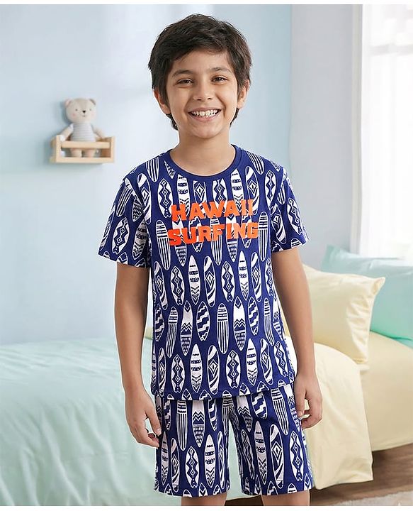 Pine Kids Single Jersey Knit Half Sleeves Shorts Night Suit With Surfing Print - Navy Blue