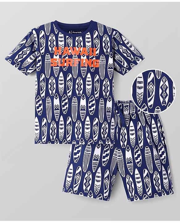 Pine Kids Single Jersey Knit Half Sleeves Shorts Night Suit With Surfing Print - Navy Blue