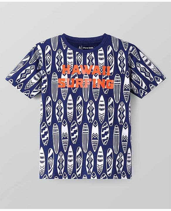 Pine Kids Single Jersey Knit Half Sleeves Shorts Night Suit With Surfing Print - Navy Blue