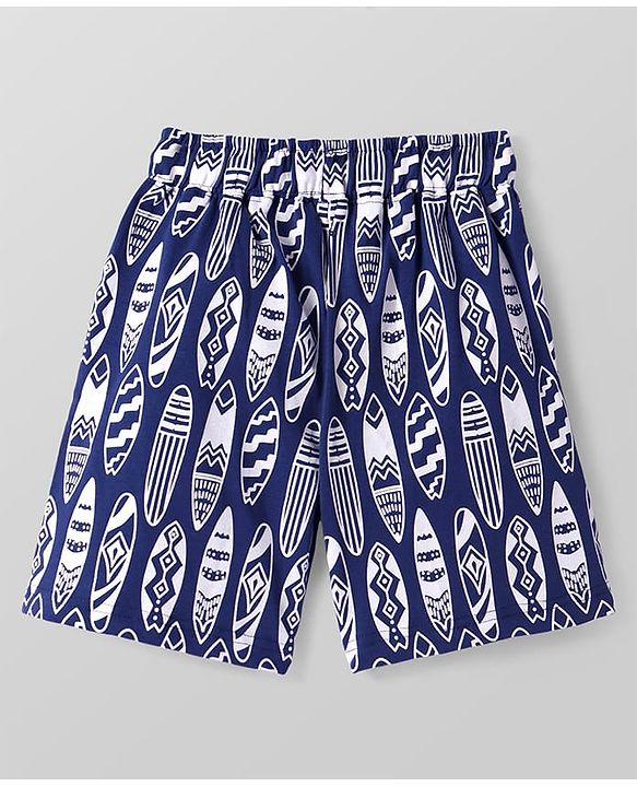 Pine Kids Single Jersey Knit Half Sleeves Shorts Night Suit With Surfing Print - Navy Blue