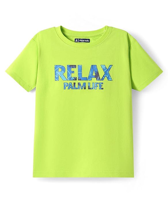 Pine Kids Single Jersey Knit Half Sleeves Palm Tree Printed Shorts Night Suit - Limegreen & Blue