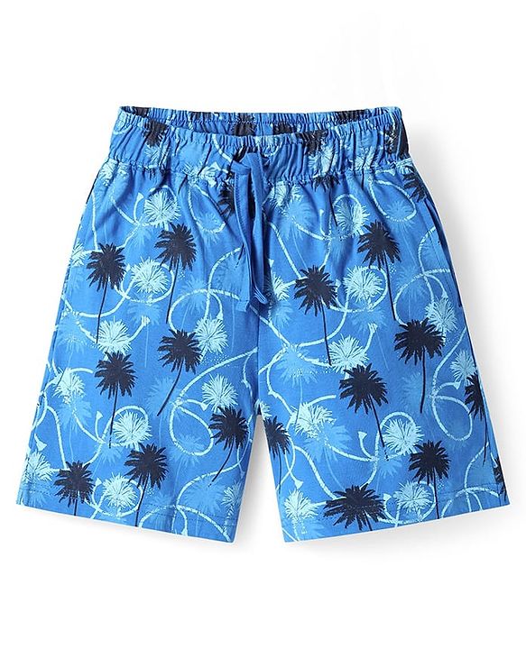 Pine Kids Single Jersey Knit Half Sleeves Palm Tree Printed Shorts Night Suit - Limegreen & Blue