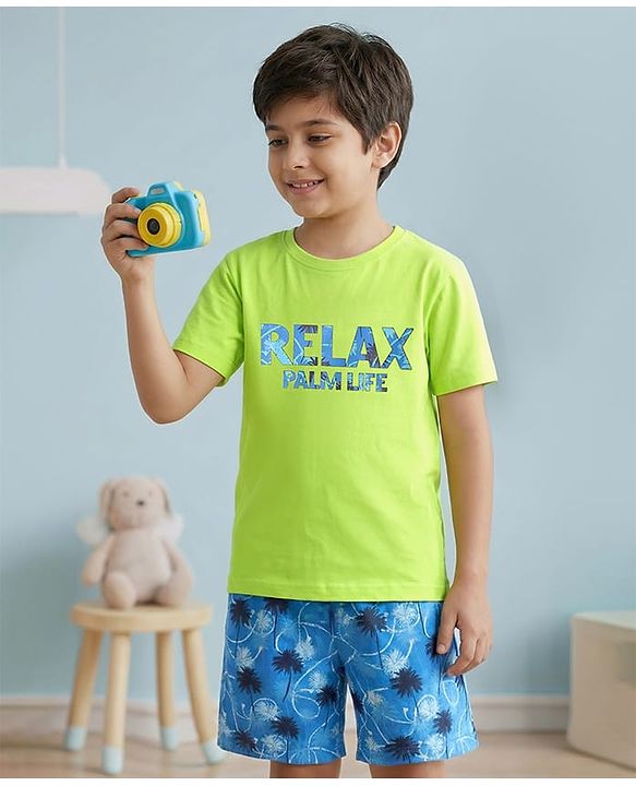 Pine Kids Single Jersey Knit Half Sleeves Palm Tree Printed Shorts Night Suit - Limegreen & Blue