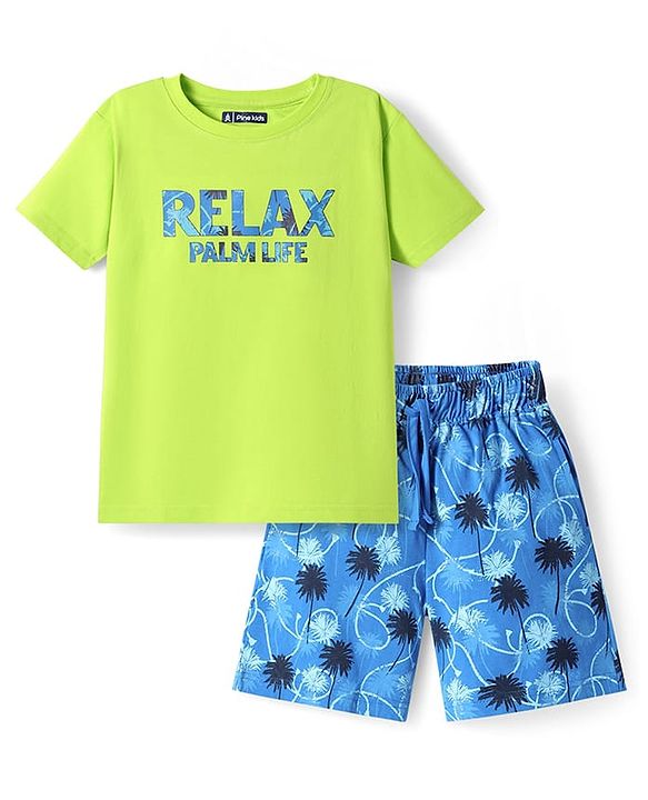 Pine Kids Single Jersey Knit Half Sleeves Palm Tree Printed Shorts Night Suit - Limegreen & Blue