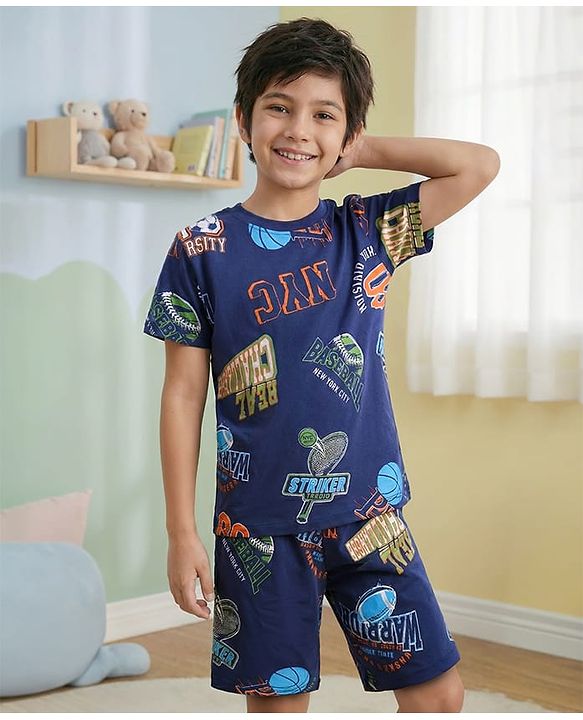 Pine Kids Single Jersey Knit Half Sleeves Shorts Night Suit With Text Print - Navy Blue