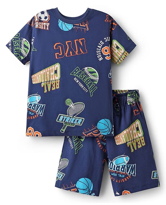 Pine Kids Single Jersey Knit Half Sleeves Shorts Night Suit With Text Print - Navy Blue