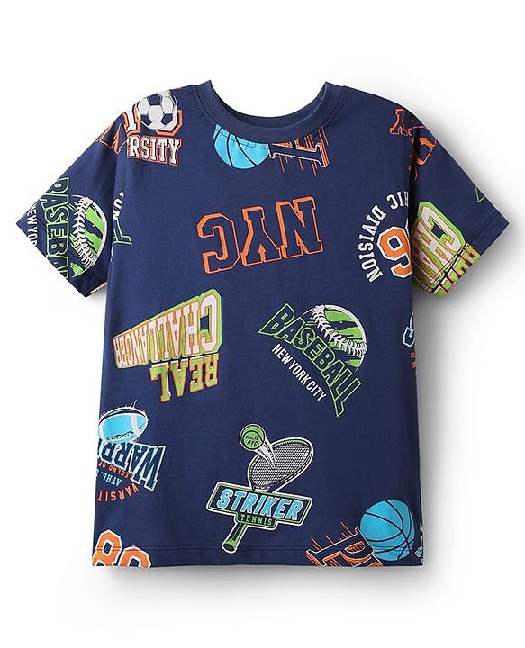 Pine Kids Single Jersey Knit Half Sleeves Shorts Night Suit With Text Print - Navy Blue
