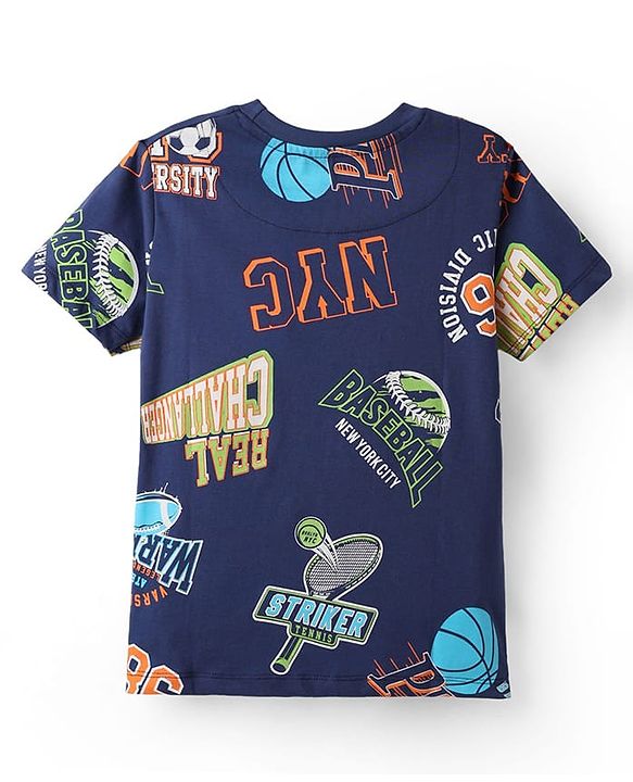 Pine Kids Single Jersey Knit Half Sleeves Shorts Night Suit With Text Print - Navy Blue