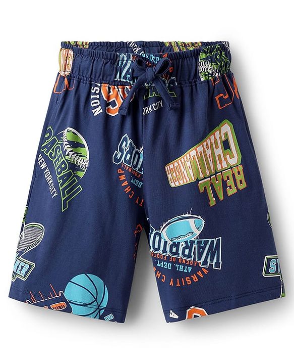 Pine Kids Single Jersey Knit Half Sleeves Shorts Night Suit With Text Print - Navy Blue