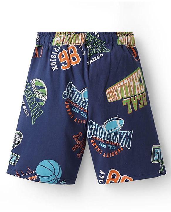 Pine Kids Single Jersey Knit Half Sleeves Shorts Night Suit With Text Print - Navy Blue