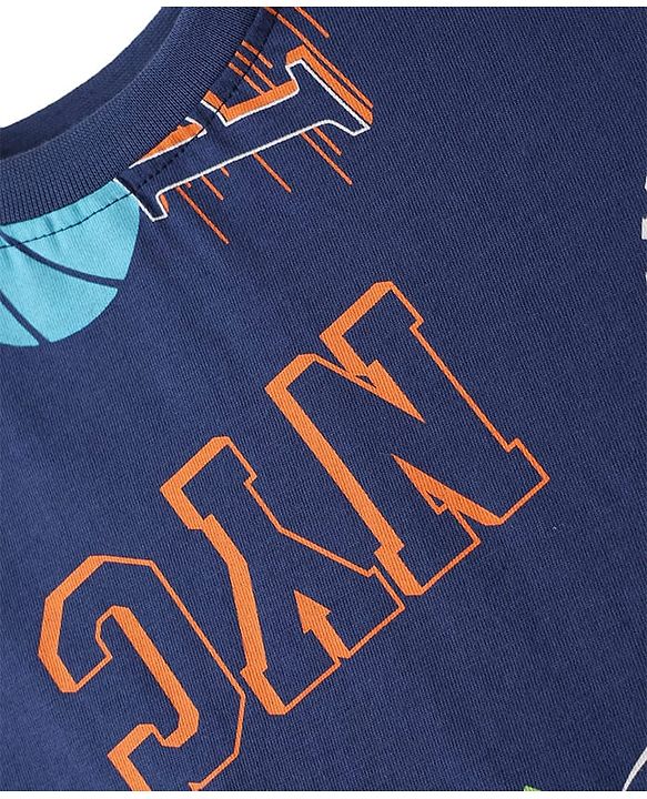 Pine Kids Single Jersey Knit Half Sleeves Shorts Night Suit With Text Print - Navy Blue