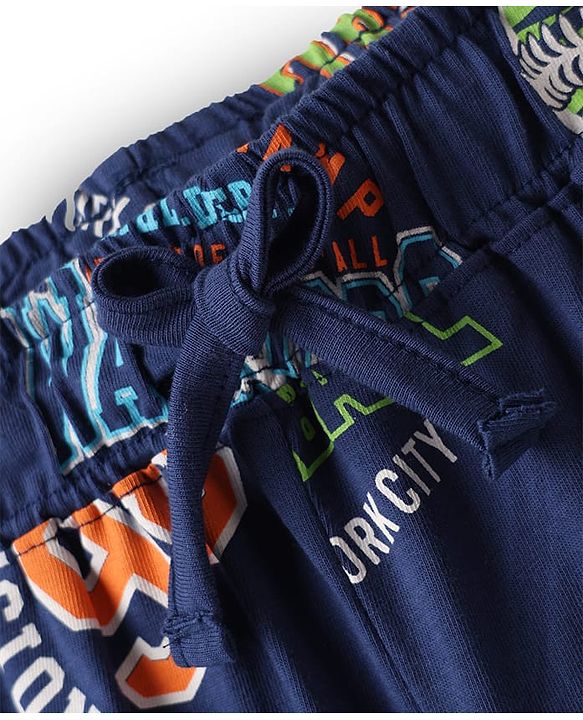 Pine Kids Single Jersey Knit Half Sleeves Shorts Night Suit With Text Print - Navy Blue