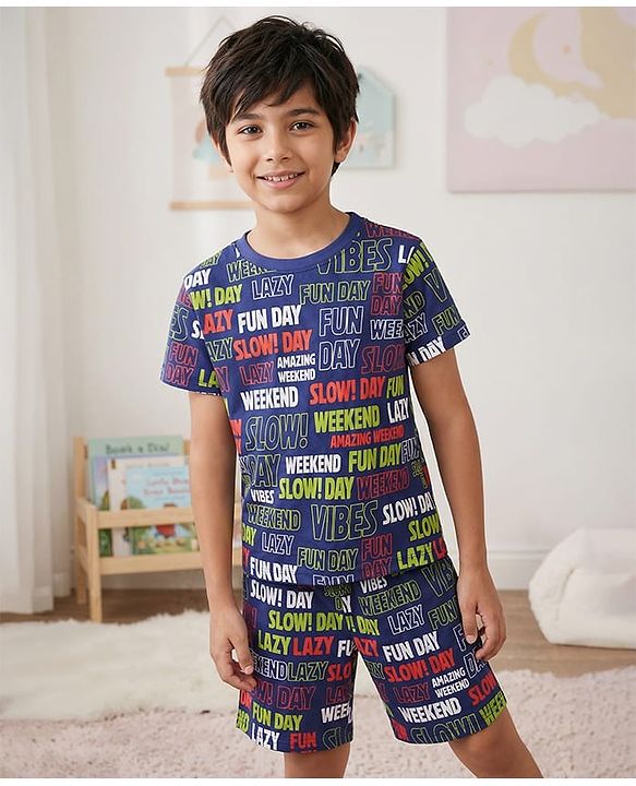 Pine Kids Single Jersey Knit Half Sleeves Co-ords Shorts Night Suit With Text Print - Navy Blue