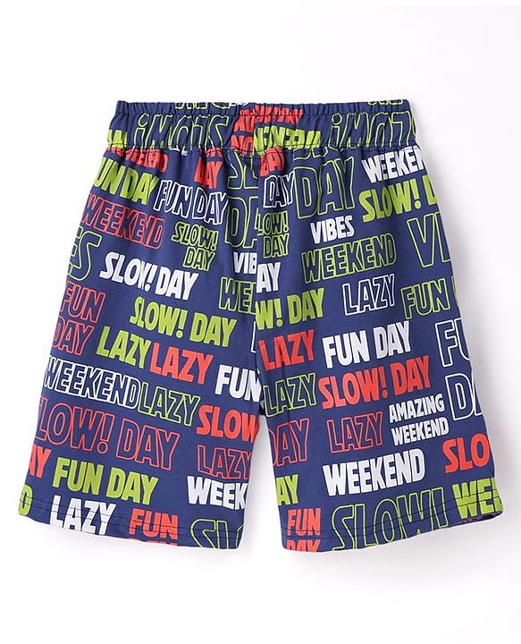 Pine Kids Single Jersey Knit Half Sleeves Co-ords Shorts Night Suit With Text Print - Navy Blue