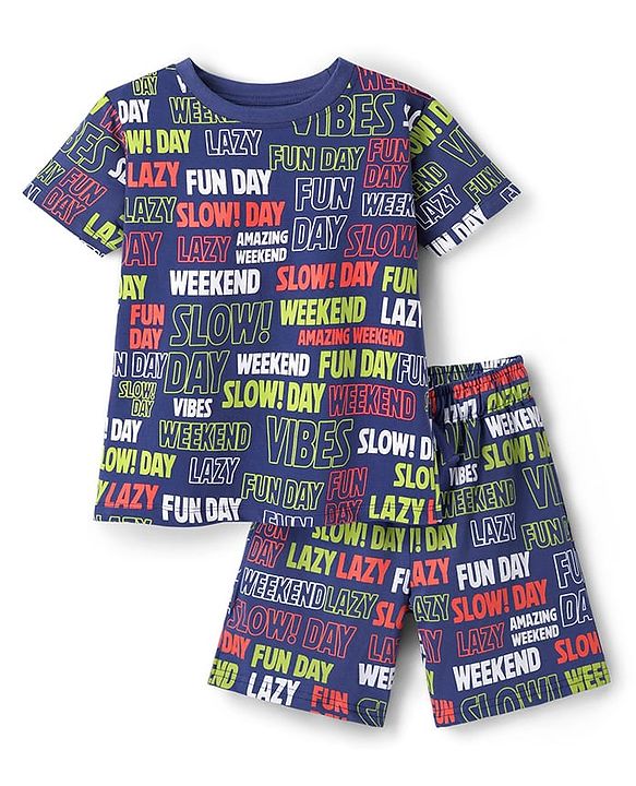 Pine Kids Single Jersey Knit Half Sleeves Co-ords Shorts Night Suit With Text Print - Navy Blue