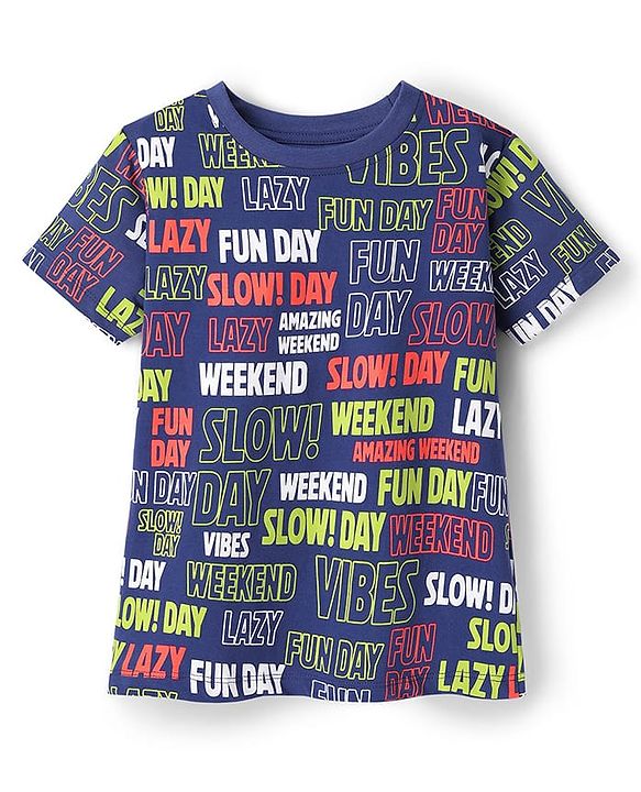 Pine Kids Single Jersey Knit Half Sleeves Co-ords Shorts Night Suit With Text Print - Navy Blue