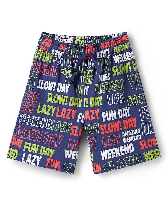Pine Kids Single Jersey Knit Half Sleeves Co-ords Shorts Night Suit With Text Print - Navy Blue