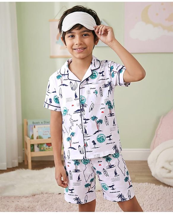 Pine Kids Single Jersey Half Sleeves Shorts Night Suit With Beach Theme Print - White