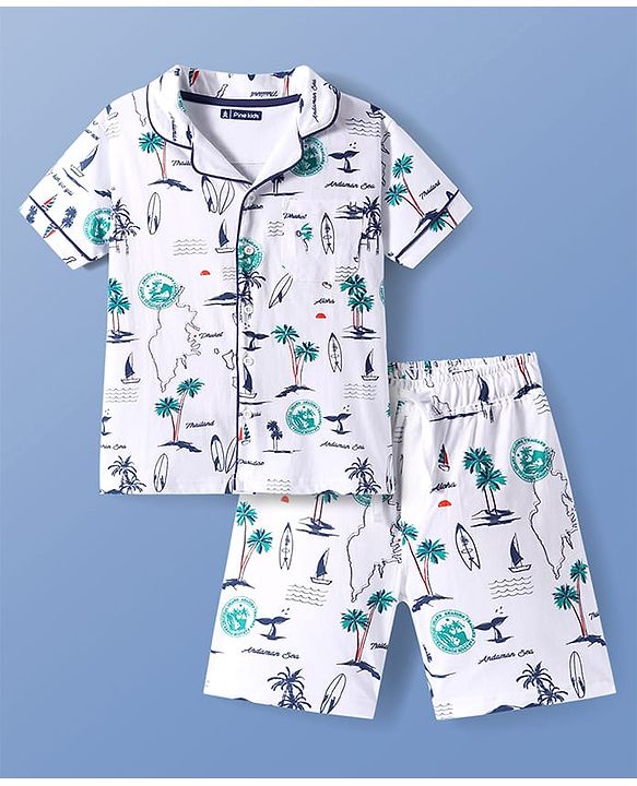 Pine Kids Single Jersey Half Sleeves Shorts Night Suit With Beach Theme Print - White