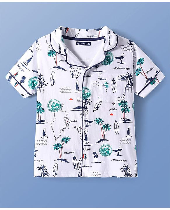 Pine Kids Single Jersey Half Sleeves Shorts Night Suit With Beach Theme Print - White
