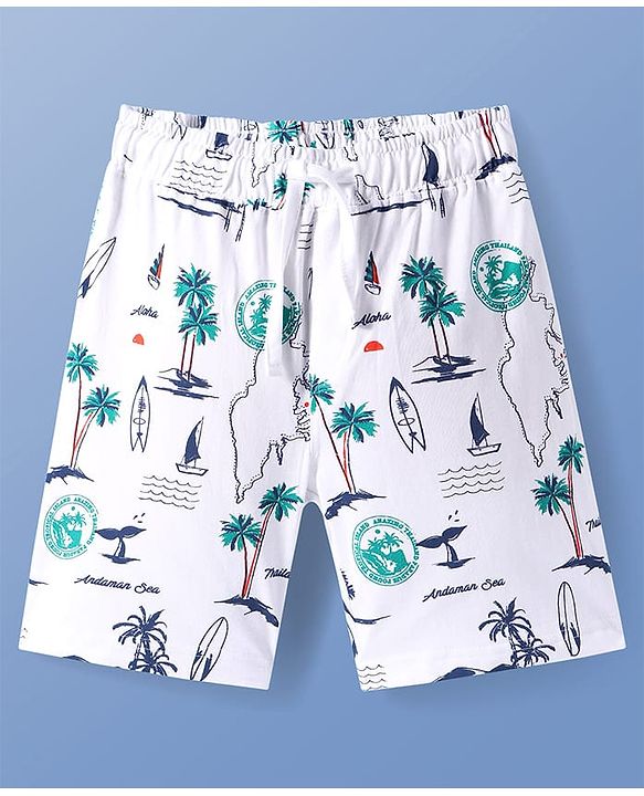 Pine Kids Single Jersey Half Sleeves Shorts Night Suit With Beach Theme Print - White