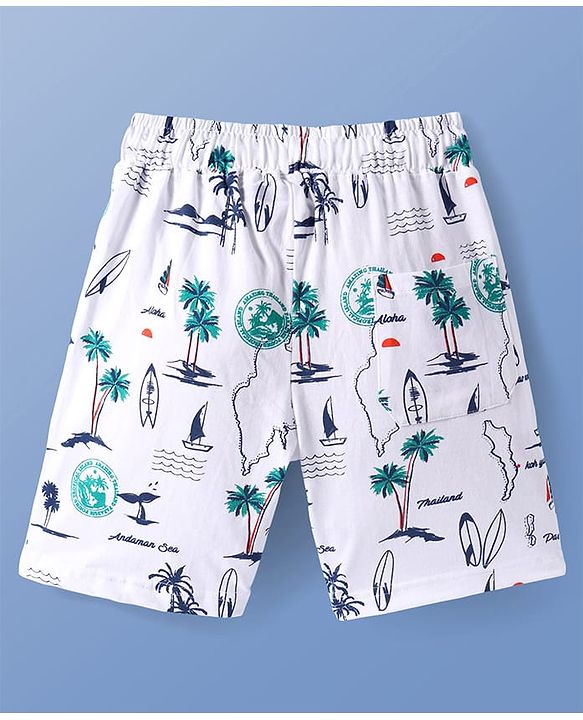 Pine Kids Single Jersey Half Sleeves Shorts Night Suit With Beach Theme Print - White