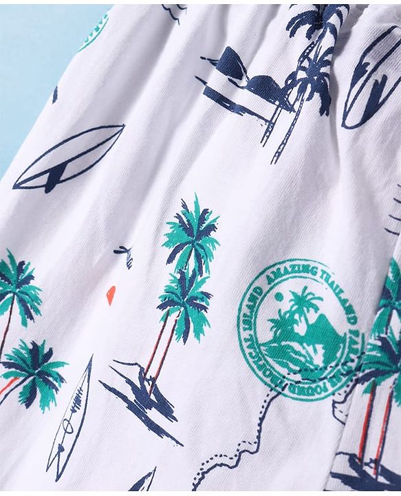 Pine Kids Single Jersey Half Sleeves Shorts Night Suit With Beach Theme Print - White