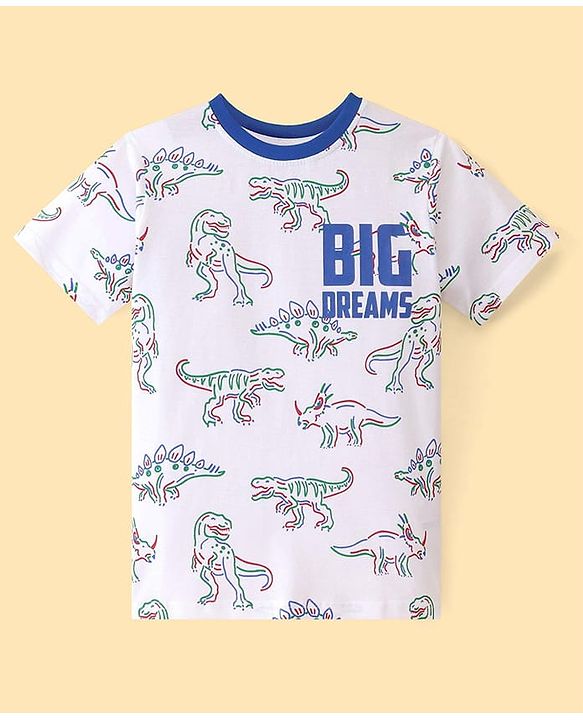 Pine Kids Single Jersey Knit Half Sleeves Shorts Night Suit With Dino Print - White