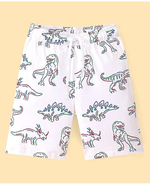 Pine Kids Single Jersey Knit Half Sleeves Shorts Night Suit With Dino Print - White