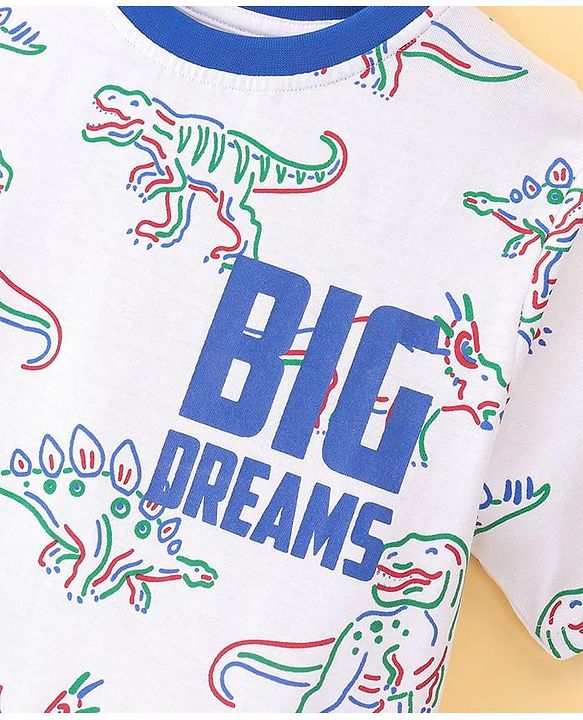 Pine Kids Single Jersey Knit Half Sleeves Shorts Night Suit With Dino Print - White