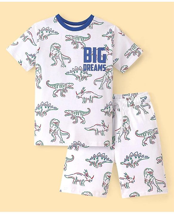 Pine Kids Single Jersey Knit Half Sleeves Shorts Night Suit With Dino Print - White