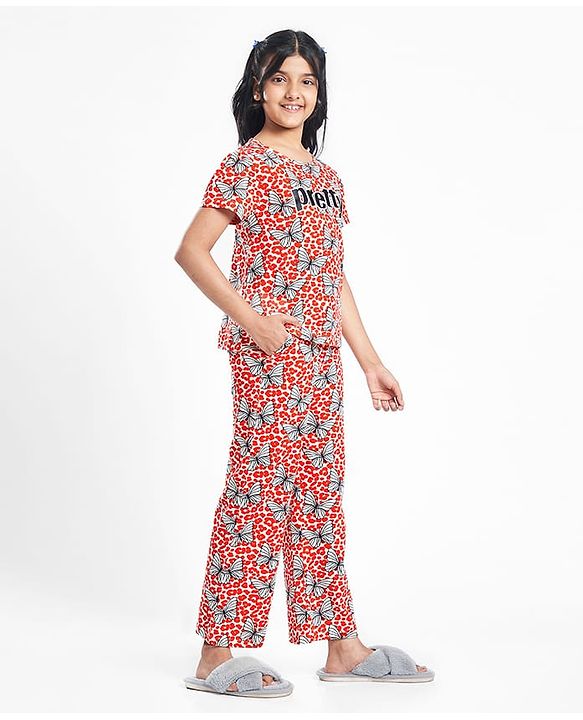 Pine Kids Single Jersey Knit Half Sleeves Night Suit With Butterfly Print - White & Red