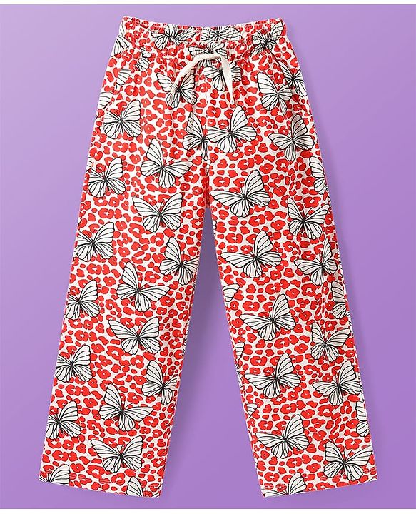 Pine Kids Single Jersey Knit Half Sleeves Night Suit With Butterfly Print - White & Red