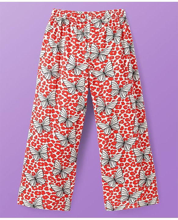 Pine Kids Single Jersey Knit Half Sleeves Night Suit With Butterfly Print - White & Red