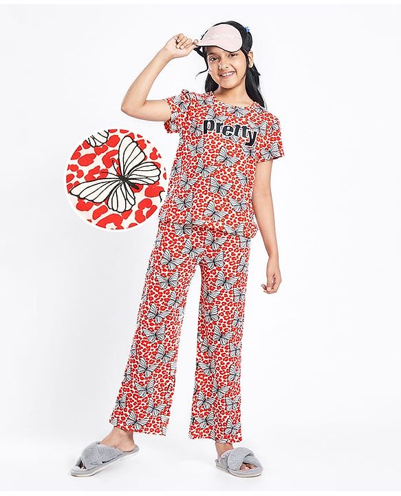Pine Kids Single Jersey Knit Half Sleeves Night Suit With Butterfly Print - White & Red