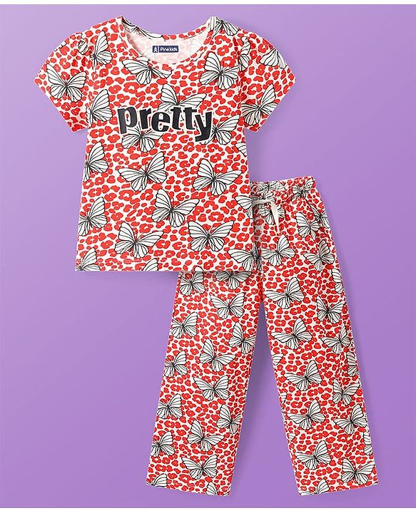 Pine Kids Single Jersey Knit Half Sleeves Night Suit With Butterfly Print - White & Red