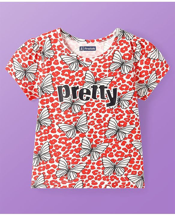 Pine Kids Single Jersey Knit Half Sleeves Night Suit With Butterfly Print - White & Red