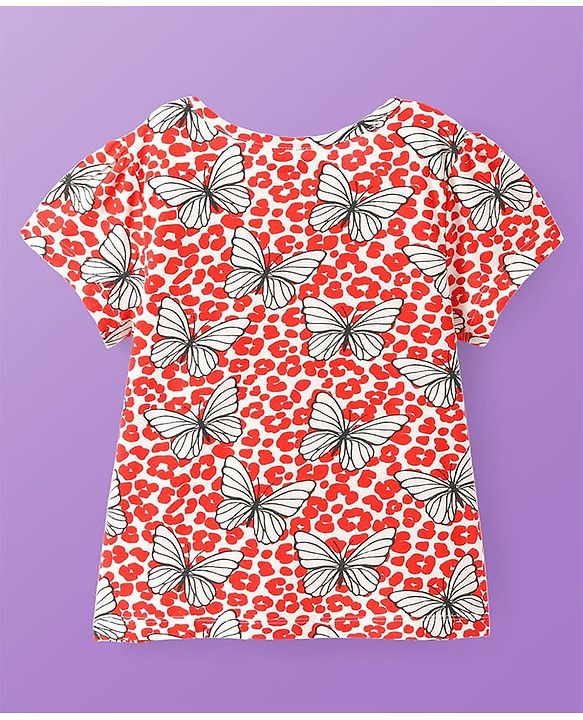 Pine Kids Single Jersey Knit Half Sleeves Night Suit With Butterfly Print - White & Red
