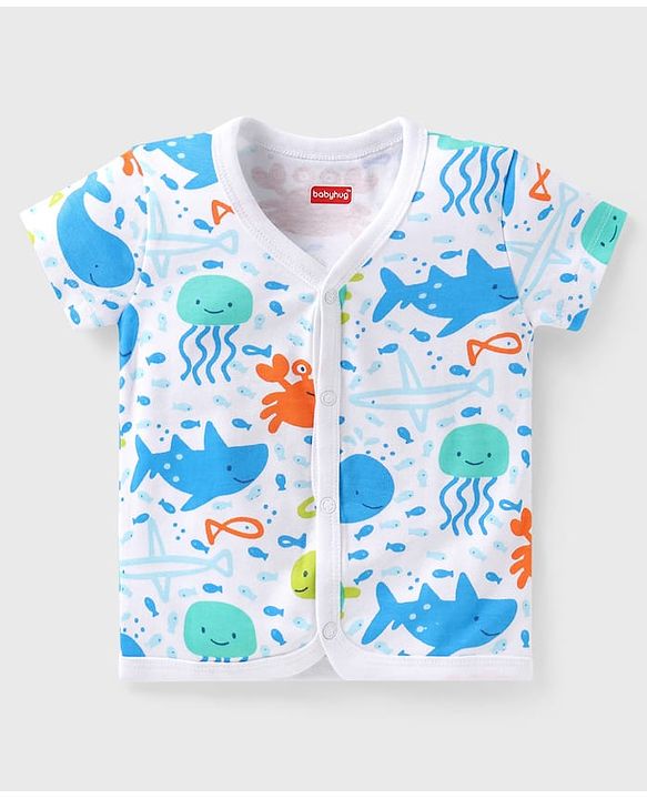 Babyhug 100% Cotton Interlock Knit Half Sleeves Front Open jhablas with Sea Life Print & Stripes Pack of 3 - Blue & White