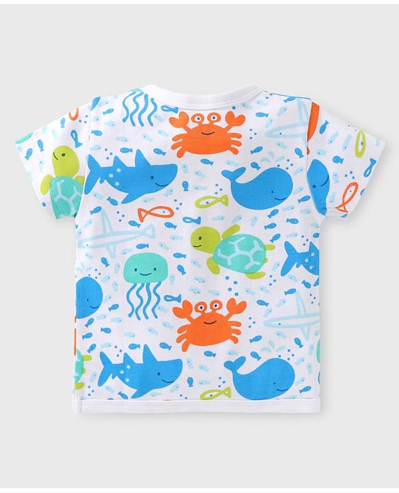 Babyhug 100% Cotton Interlock Knit Half Sleeves Front Open jhablas with Sea Life Print & Stripes Pack of 3 - Blue & White