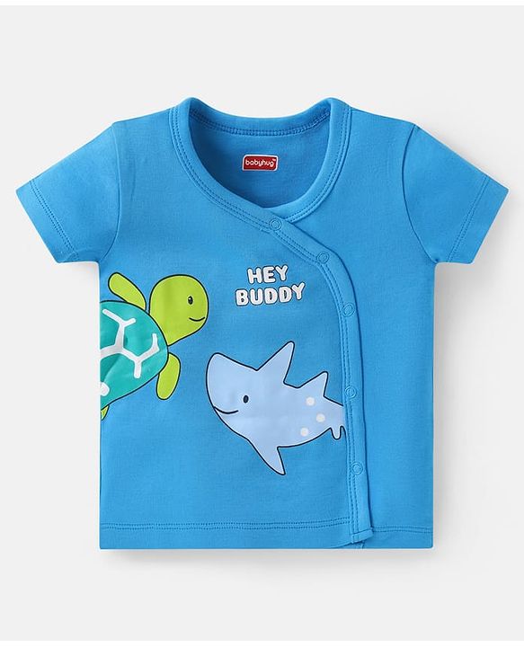 Babyhug 100% Cotton Interlock Knit Half Sleeves Front Open jhablas with Sea Life Print & Stripes Pack of 3 - Blue & White