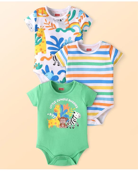 Babyhug 100% Cotton Knit Half Sleeves Striped & Animal Printed Onesies Pack of 3  - Light Green & White