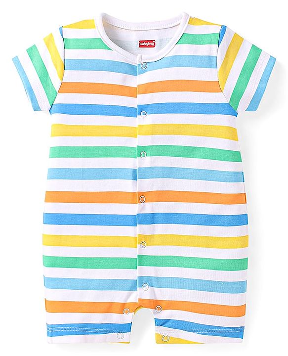 Babyhug 100% Cotton Knit Half Sleeves Romper with Stripes & Animal Print Pack of 2 - White & Navy Blue