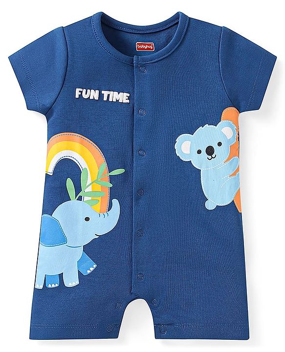 Babyhug 100% Cotton Knit Half Sleeves Romper with Stripes & Animal Print Pack of 2 - White & Navy Blue