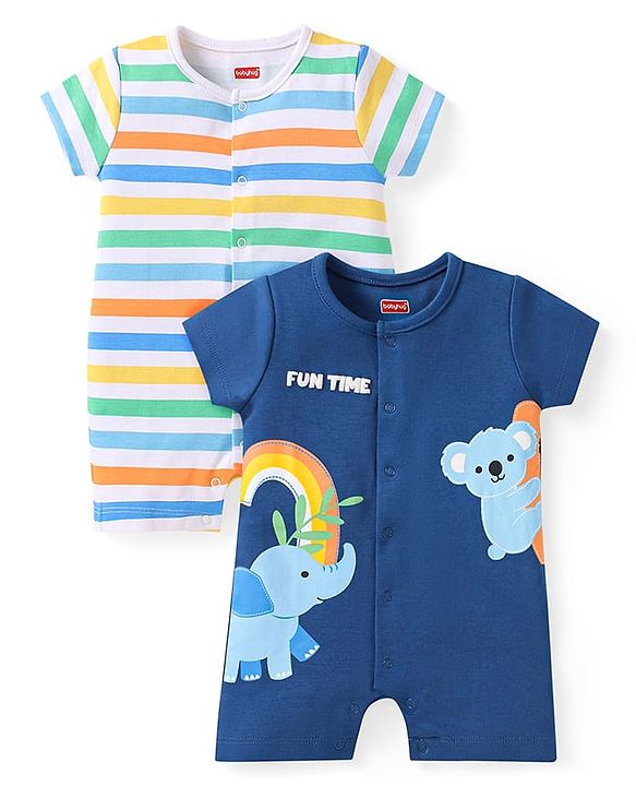 Babyhug 100% Cotton Knit Half Sleeves Romper with Stripes & Animal Print Pack of 2 - White & Navy Blue