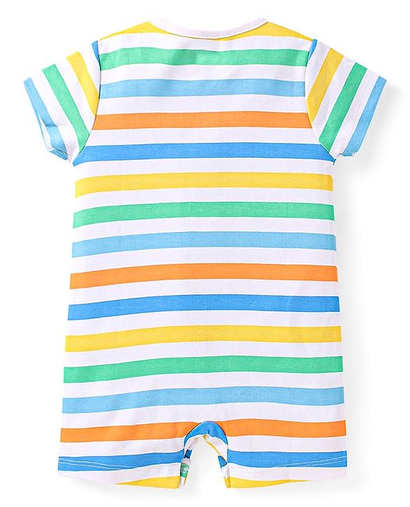 Babyhug 100% Cotton Knit Half Sleeves Romper with Stripes & Animal Print Pack of 2 - White & Navy Blue